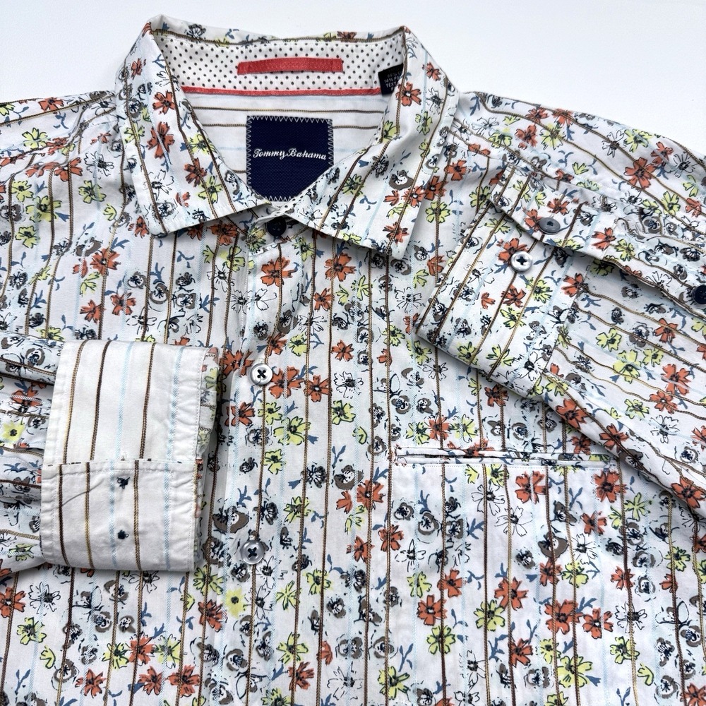 Tommy Bahama Floral Striped Casual Button Up Shirt Mens XL White Multi Flip Cuff
